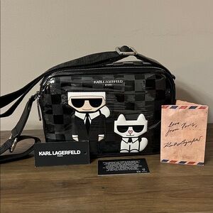 NWT Karl Lagerfeld PARIS Black Graphic Messenger Crossbody Bag